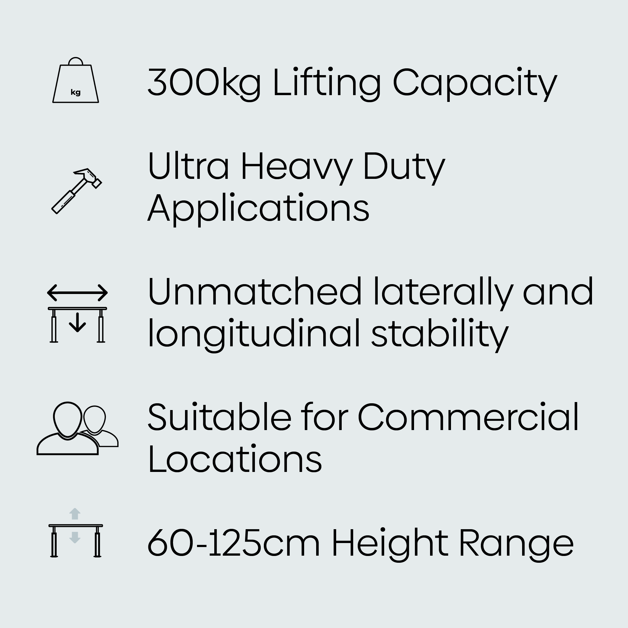 300kg Sit Stand Desk Lifting Capacity, Ultra Heavy Duty Applications, Unmatched stability, Suitable for Commercial Offices, 600-1250mm height range.