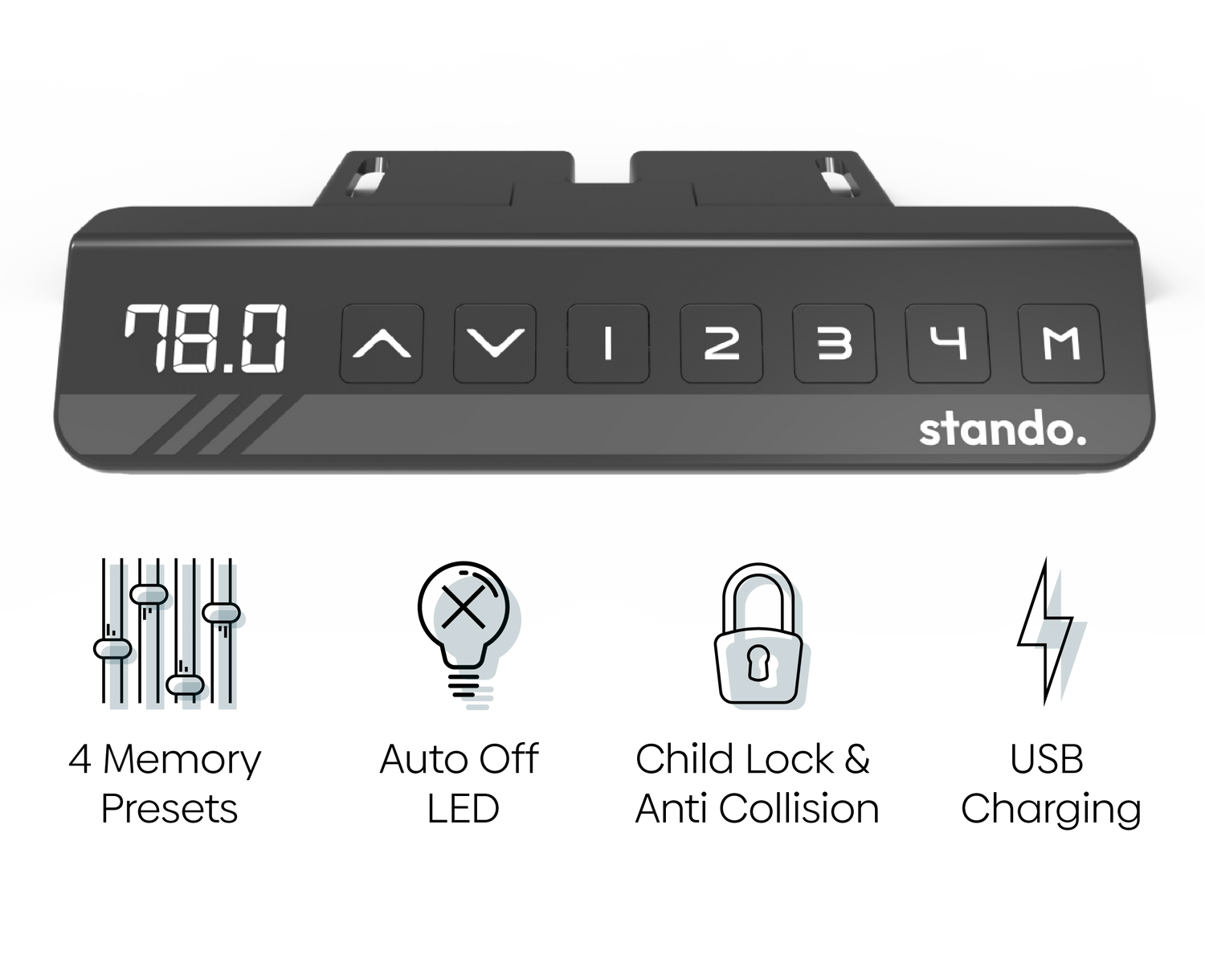 Our Standing Desks come with 4 memory pre set heights, an Auto Off LED Light great for use in bedrooms, Child Lock and advanced anti collision and a USB Charge port.